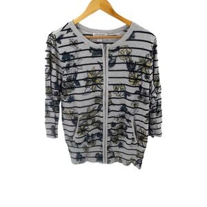 Christopher & Banks Womens Cardigan Sweater XL Gray Floral Stripe Zip Pockets
